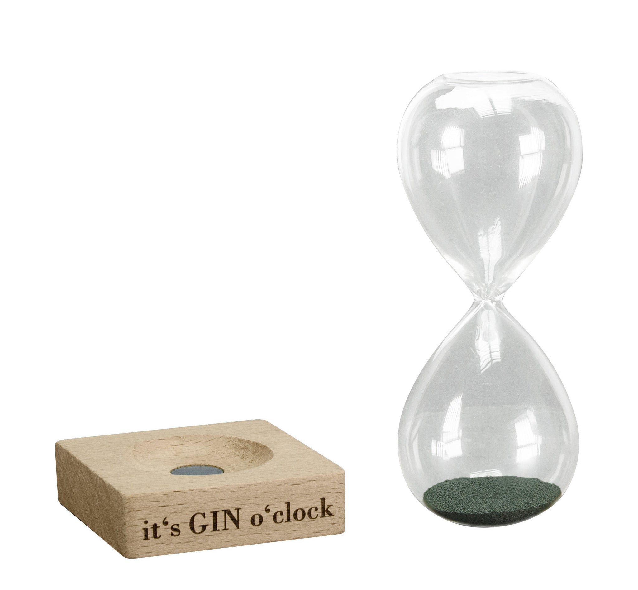 Glas-Sanduhr mit grünem Sand und Holzsockel mit Aufschrift vorne platziert