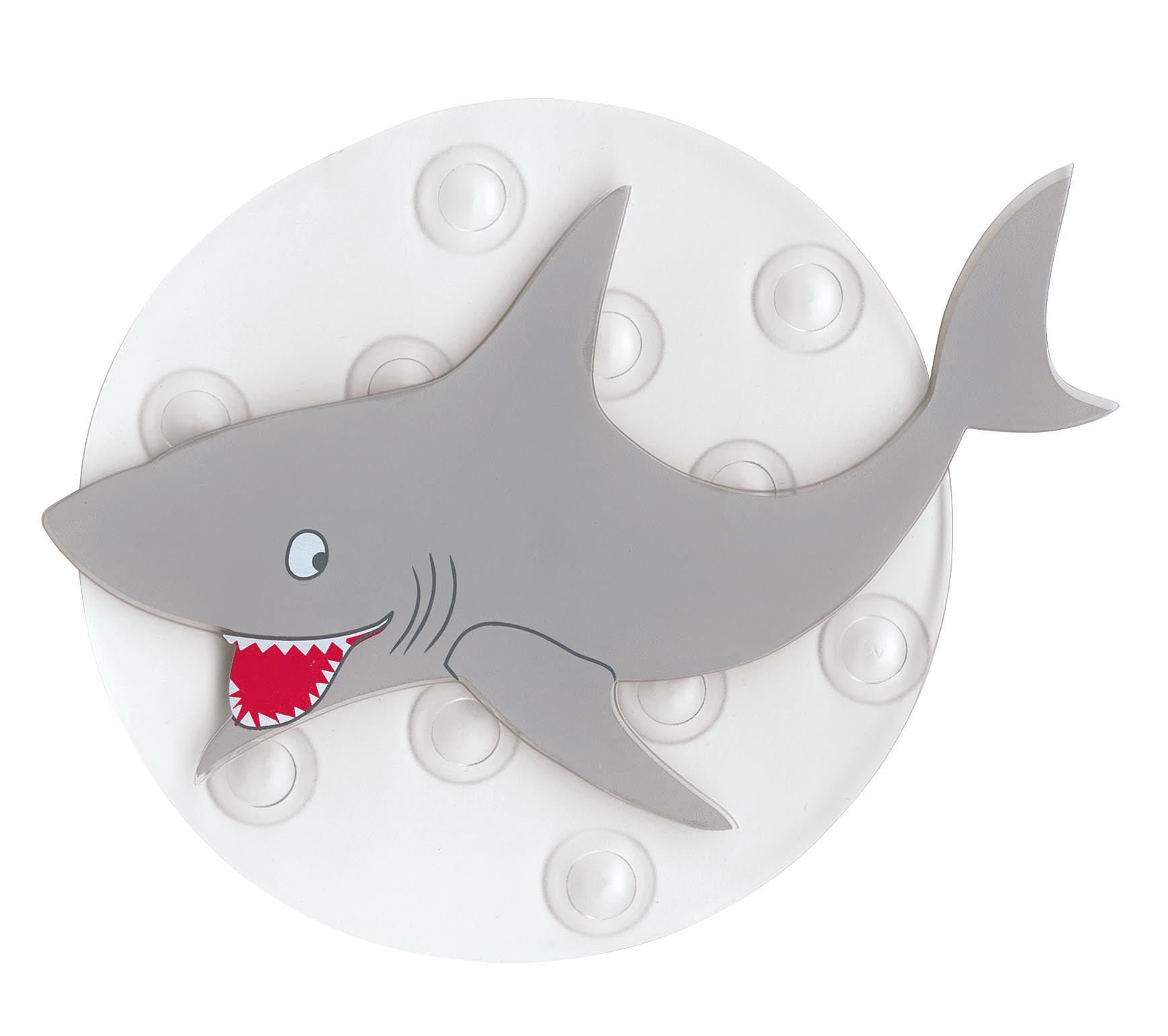 Graue Hai-Badewannenmatte mit Saugnäpfen auf weißem, rundem Hintergrund