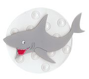 Graue Hai-Badewannenmatte mit Saugnäpfen auf weißem, rundem Hintergrund