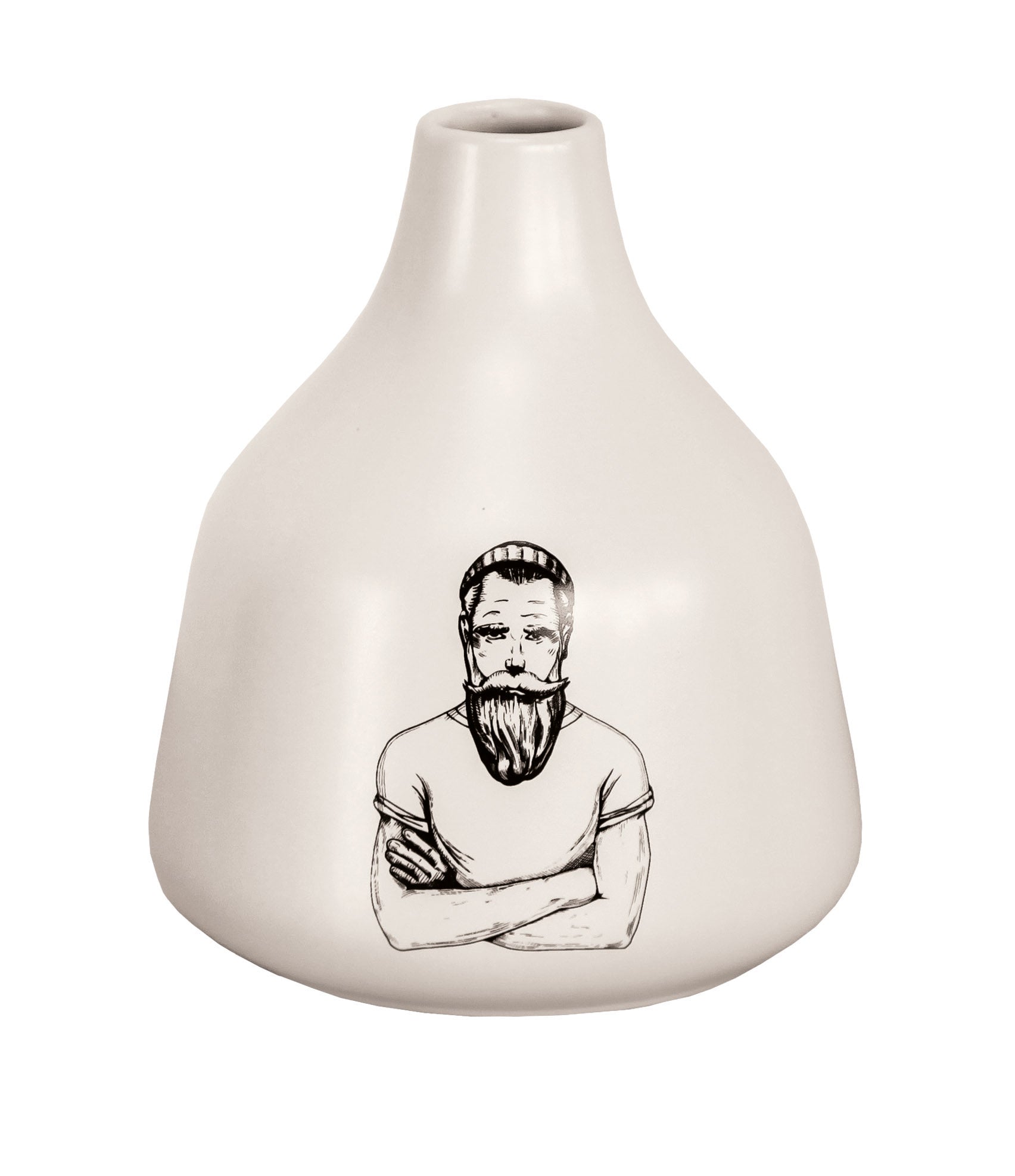 Weiße Deko SMUTJE VASE M mit schwarzer Illustration eines bärtigen Mannes auf weißem Hintergrund.