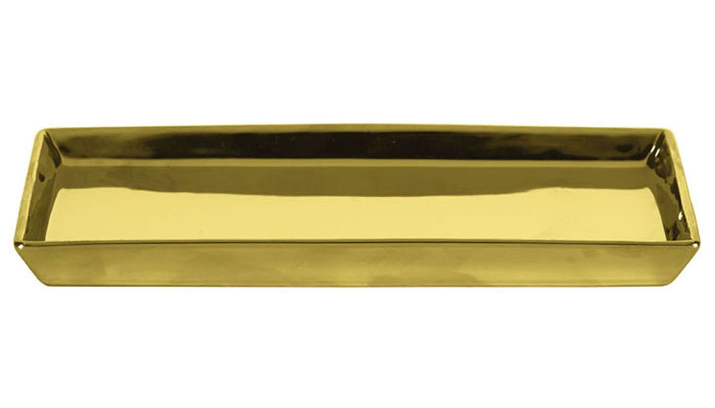 Rechteckige Dekoschale GLAMOUR in Goldfarben steht leer auf hellem Hintergrund.