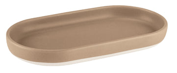 Ovale Seifenschale aus beigem Keramik mit weißem Bodenrand unten