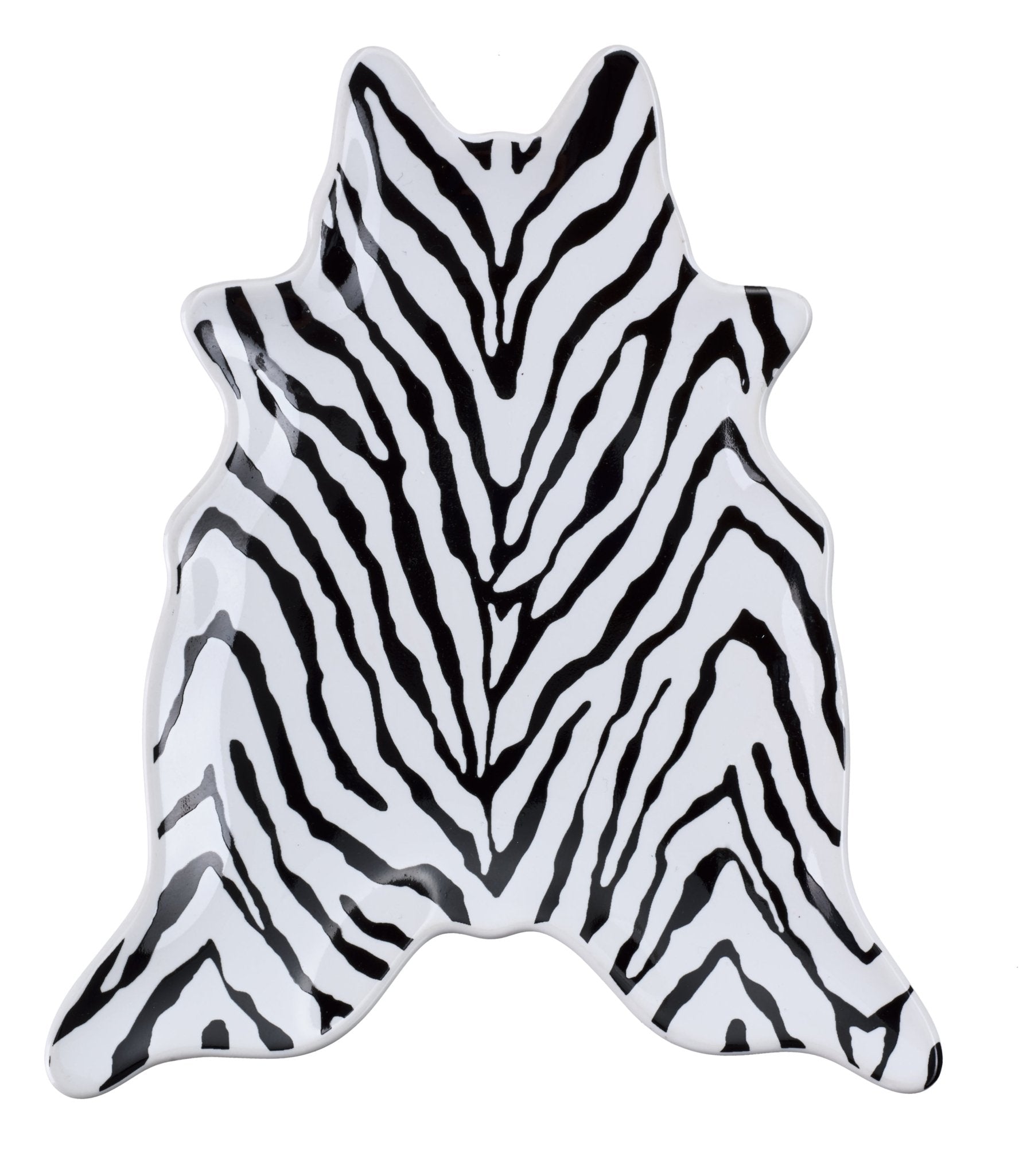 Weiße, tierfellförmige Ablageschale mit schwarzem Zebramuster aus Keramik
