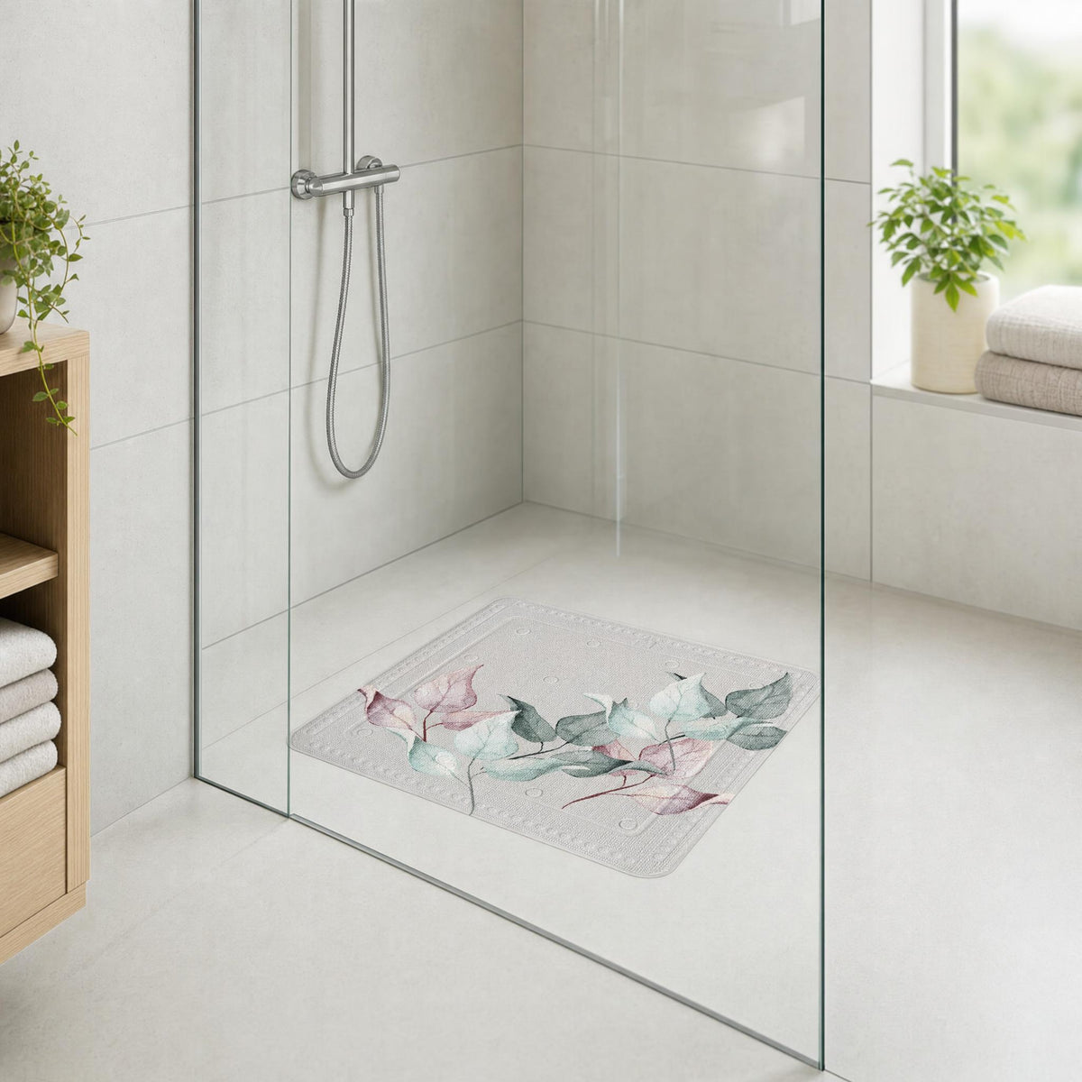  Antirutschmatte mit floralem Muster in heller, moderner Glasdusche.