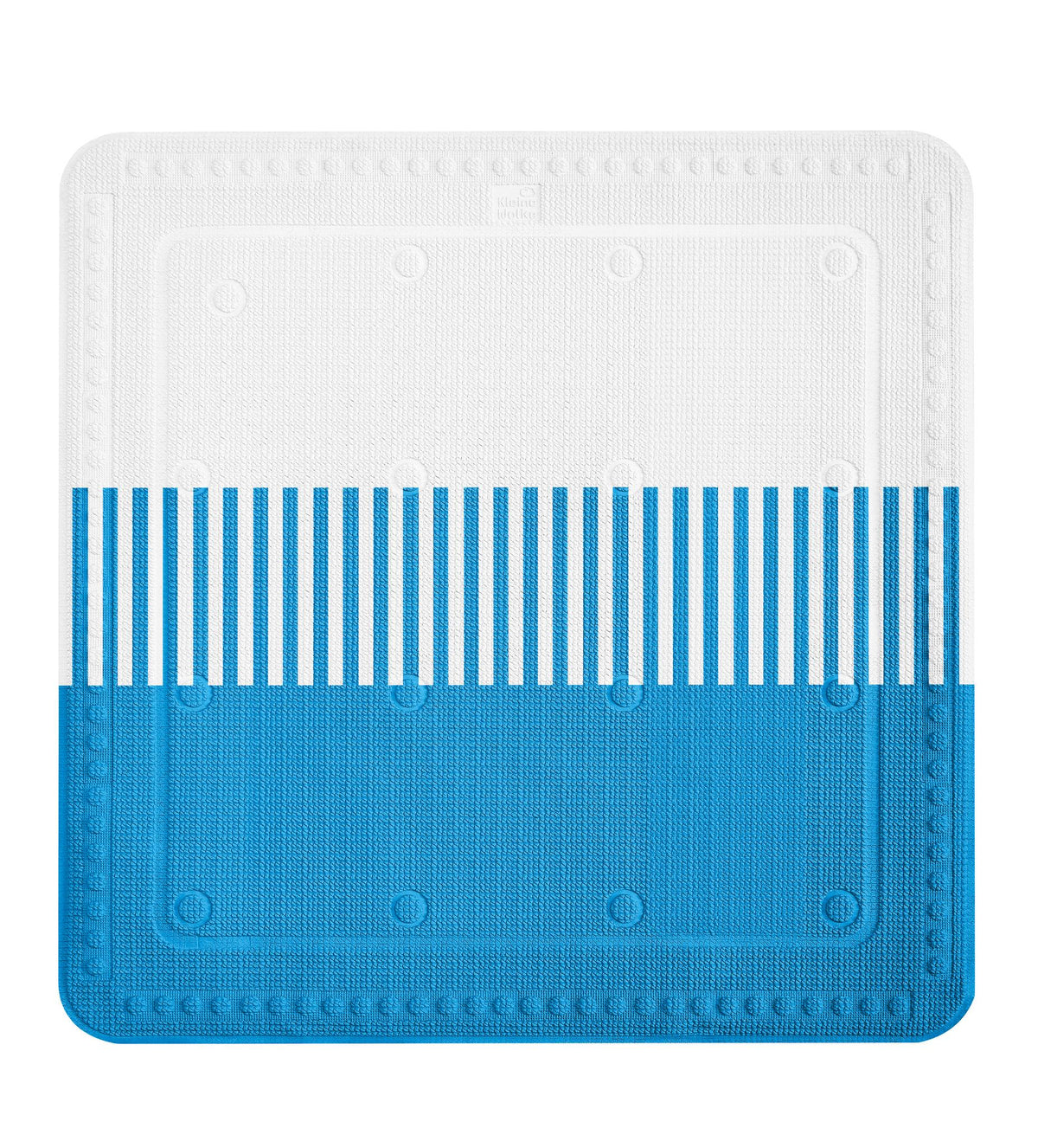 Quadratische  Antirutschmatte in Weiß und Blau mit Streifenmuster.