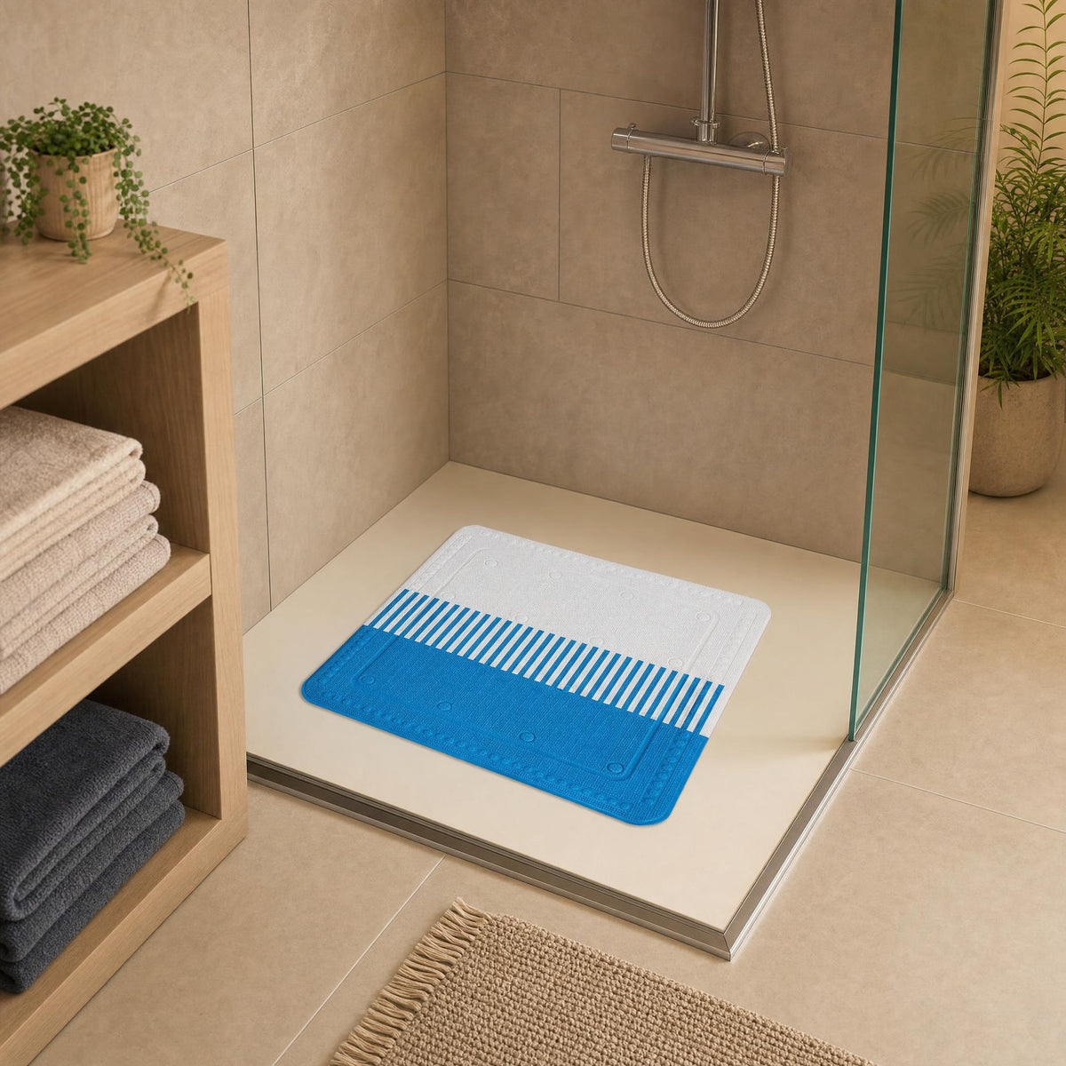 Blaue  Antirutschmatte in moderner, beiger Dusche mit Glaswand und Handtüchern.