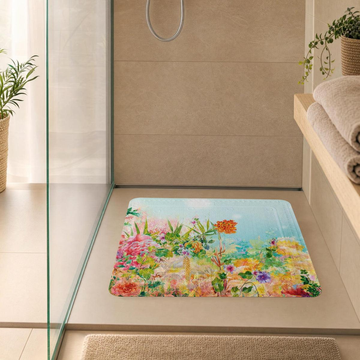 Bunte  Antirutschmatte mit Blumenmotiv in moderner beiger Dusche.