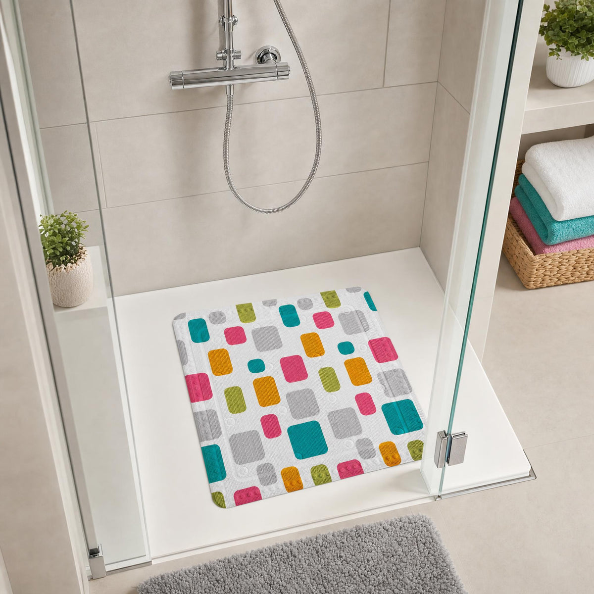 Bunte  Antirutschmatte mit Rechteckmuster in moderner Glasdusche.