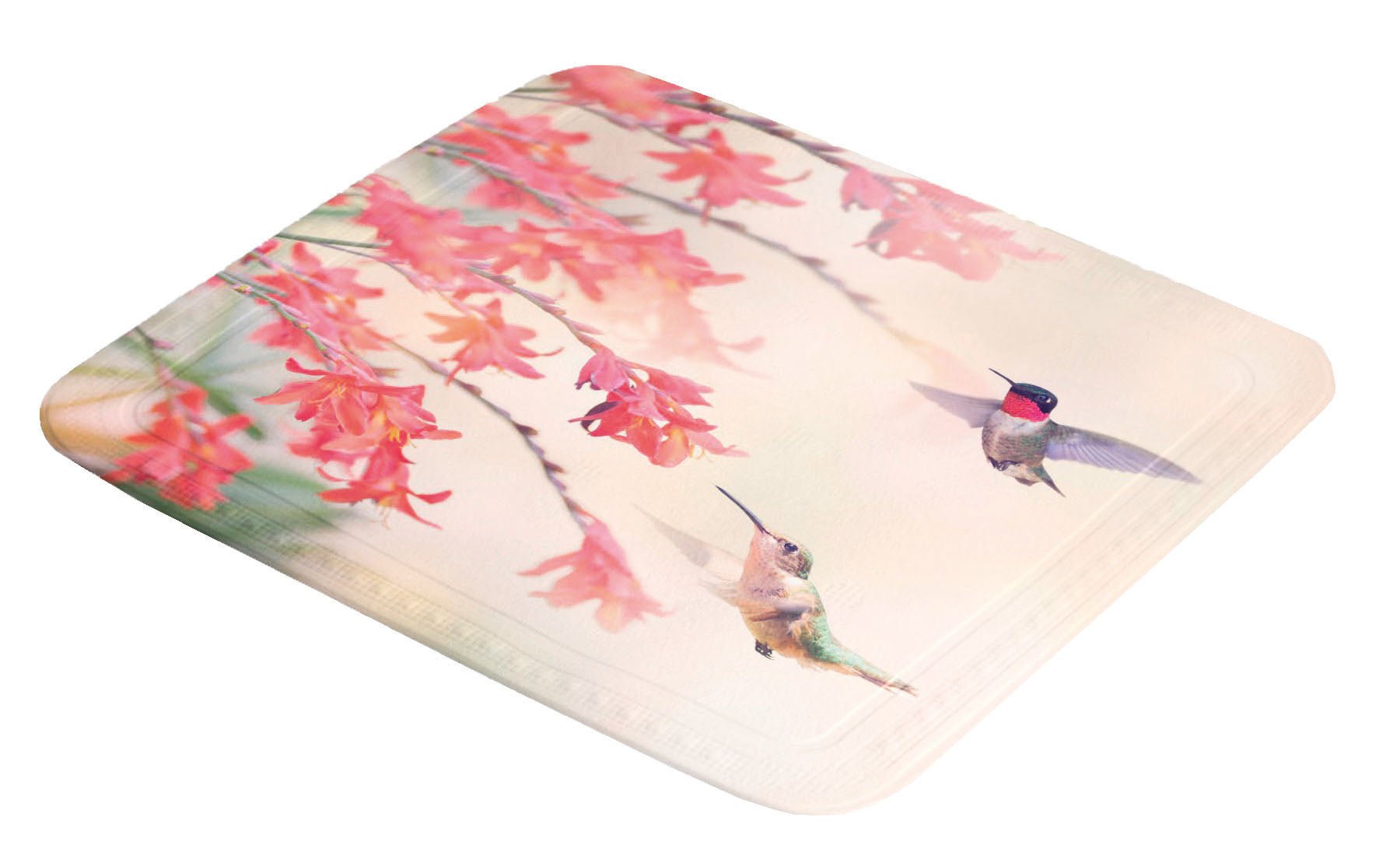 Duscheinlage KOLIBRI Multicolor 55 x 55 cm mit Kolibri- und Blütenmotiv in Nahaufnahme.