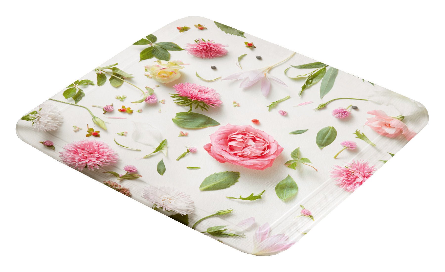 Duscheinlage ROSALIE Multicolor 55 x 55 cm mit bunten Blumenmotiven liegt schräg auf weißem Hintergrund.