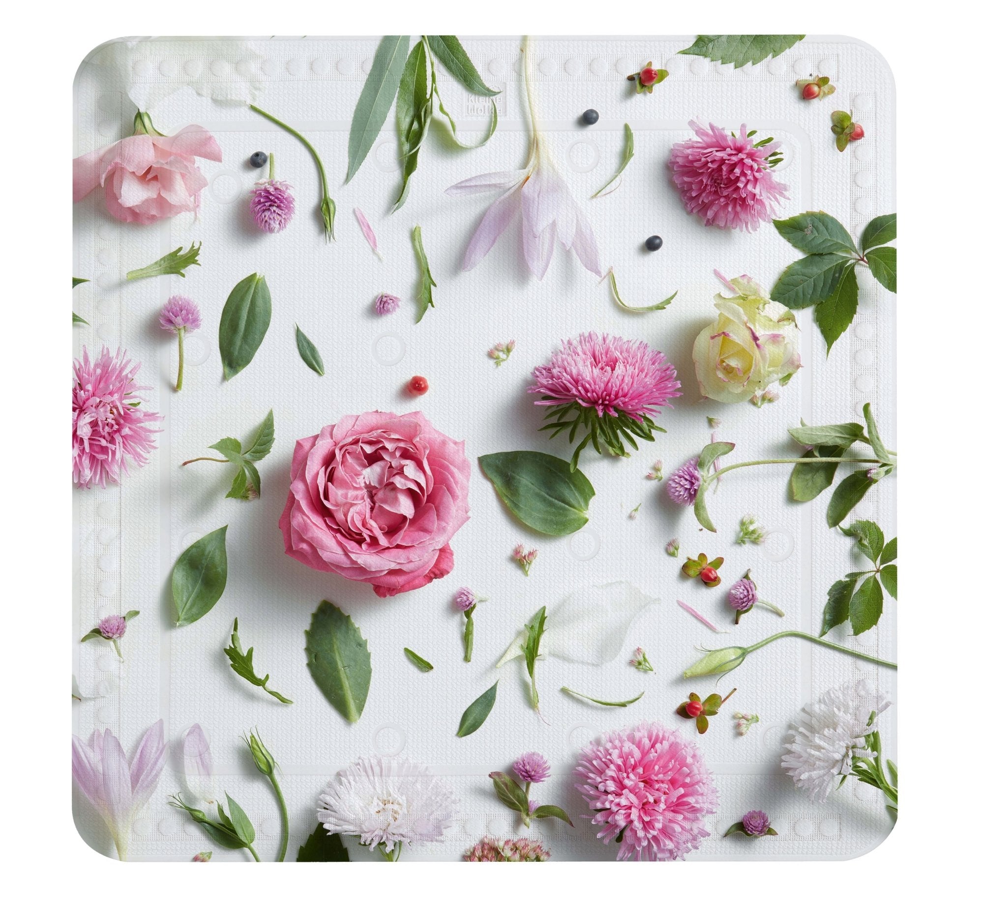 Duscheinlage ROSALIE Multicolor 55 x 55 cm mit rosa Blumen und Blättern auf weißem Grund.