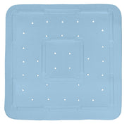 Duscheinlage SOFTY Azur 55 x 55 cm liegt quadratisch mit Löchern auf hellem Untergrund.