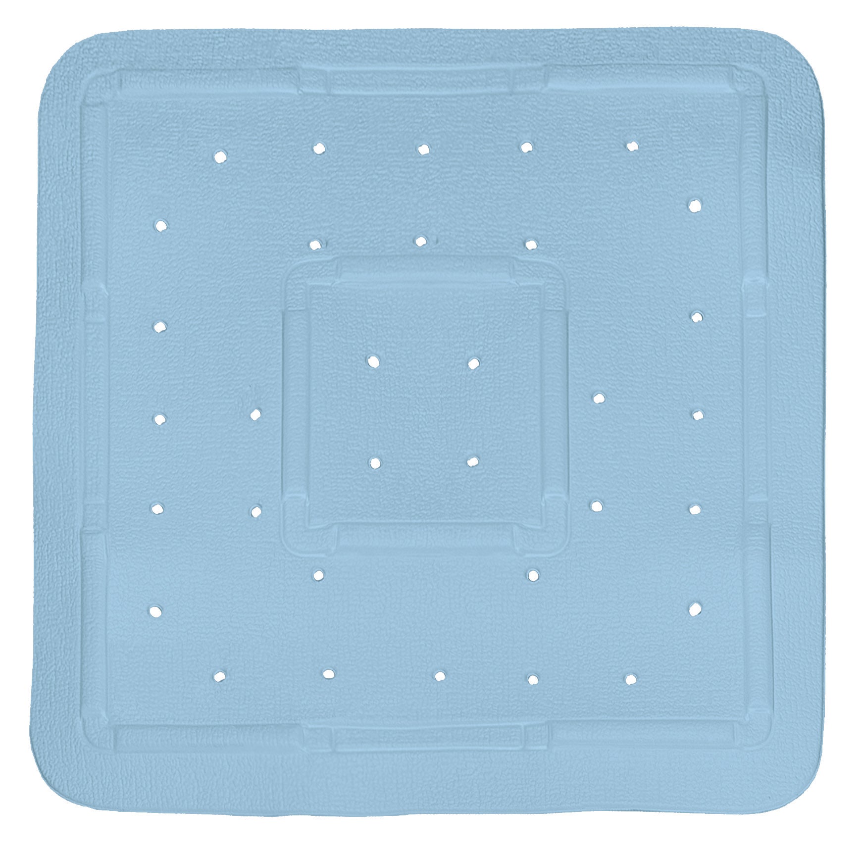 Duscheinlage SOFTY Azur 55 x 55 cm liegt quadratisch mit Löchern auf hellem Untergrund.
