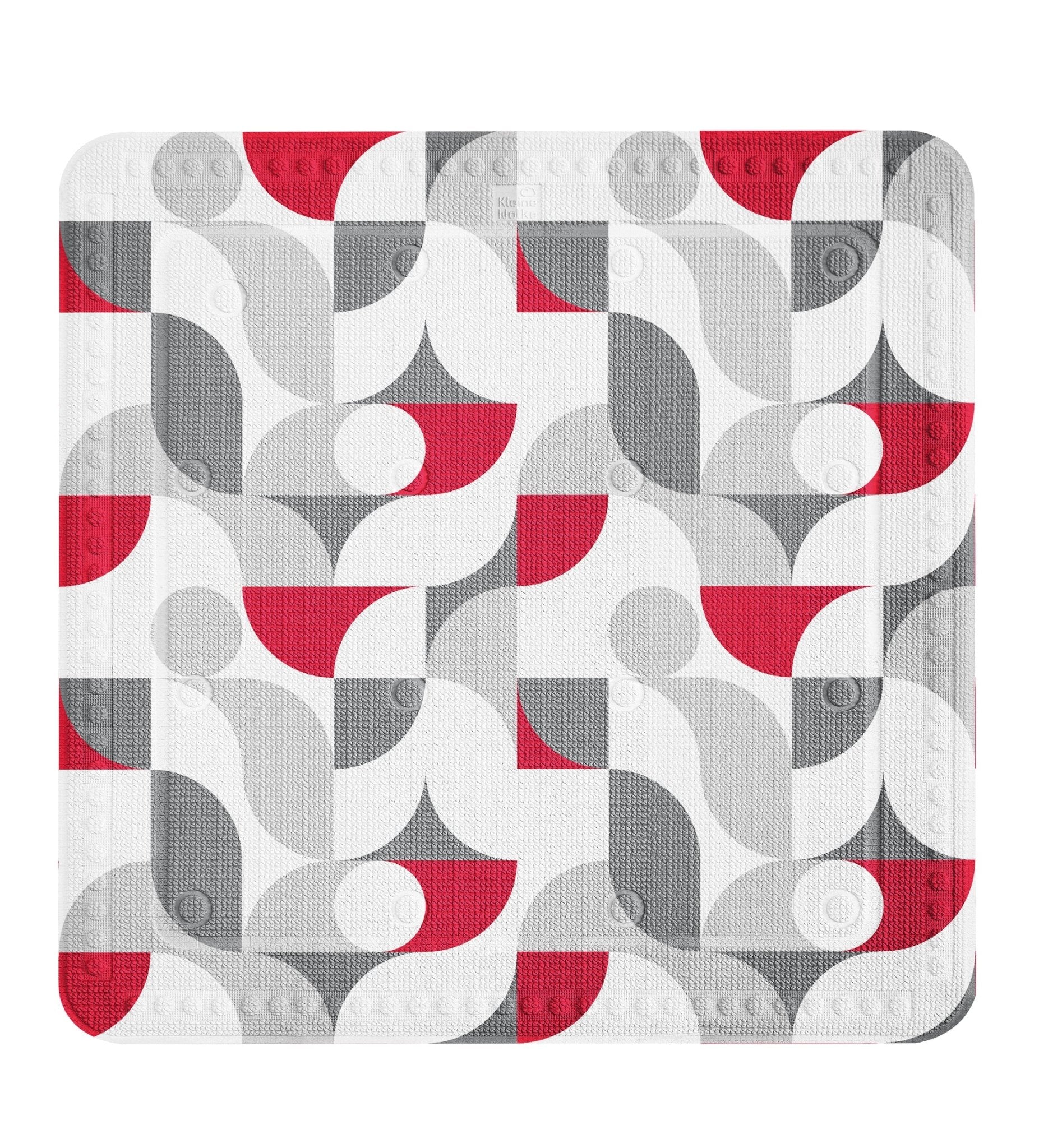 Duscheinlage TESS Rubin 55 x 55 cm mit grauen, roten und weißen geometrischen Formen in Draufsicht.