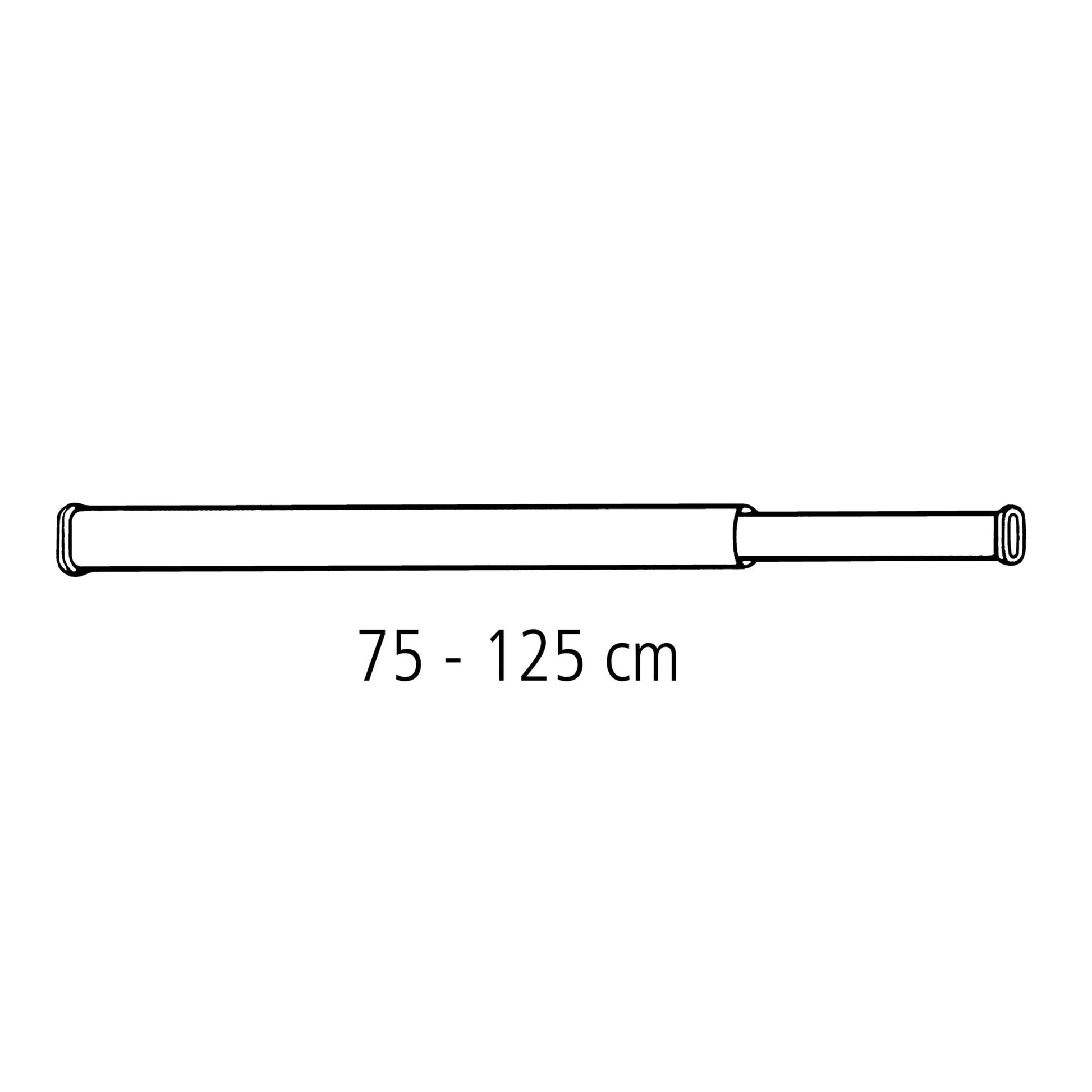 Weiße Duschvorhang-Federschiene von 75 bis 125 cm ist waagerecht vor weißem Hintergrund abgebildet.