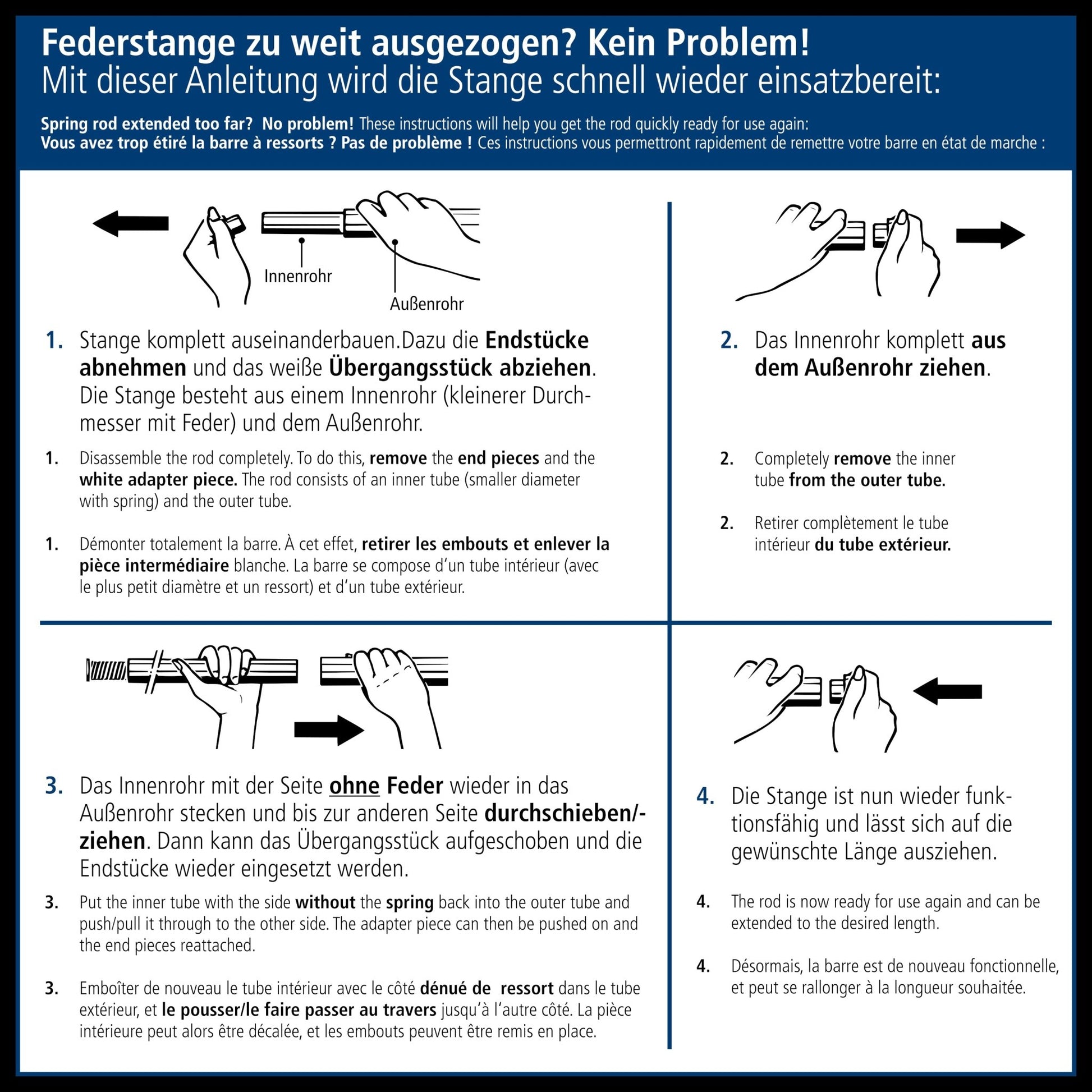 Grafische Anleitung zum Ausziehen und Einbauen einer schwarzen Duschvorhang-Federstange im Bad.