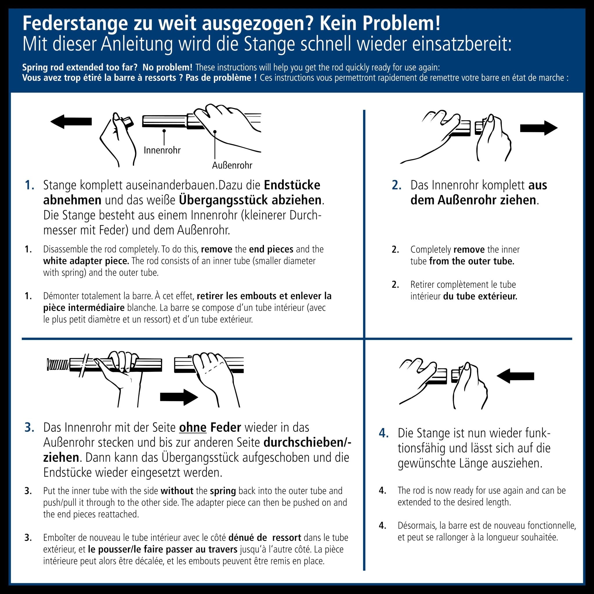 Grafische Anleitung zum Ausziehen und Einbauen einer schwarzen Duschvorhang-Federstange im Bad.