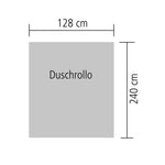 Graues Duschrollo als Rechteck mit Maßangaben 128 x 240 Zentimeter
