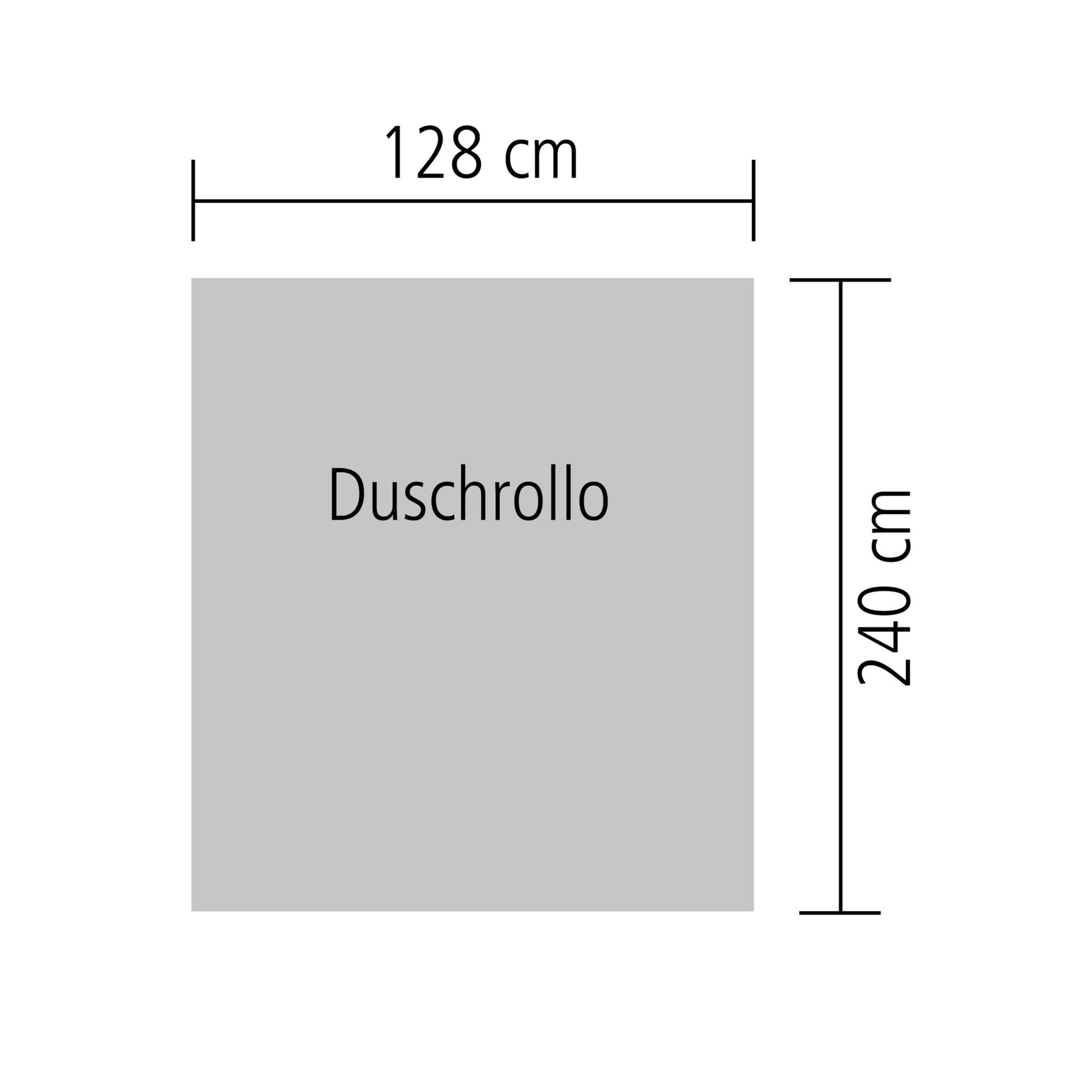 Schematische Darstellung des weiß gestreiften Duschvorhangs für Duschrollo 128 x 240 cm mit Maßangaben.