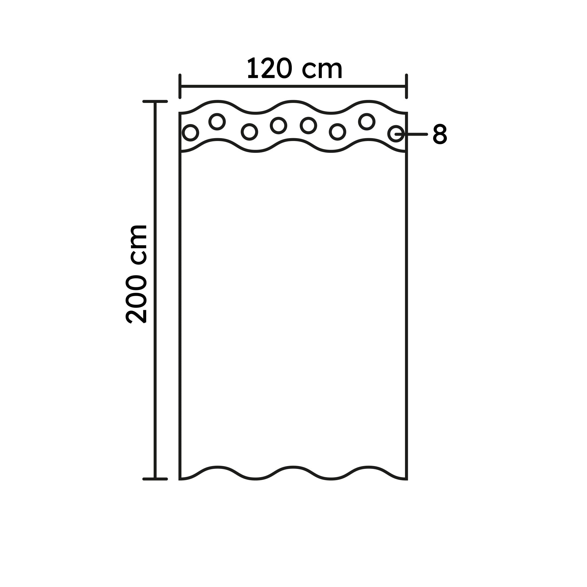 Duschvorhang 200 x 120 cm mit 8 Ösen, einfache schematische Zeichnung