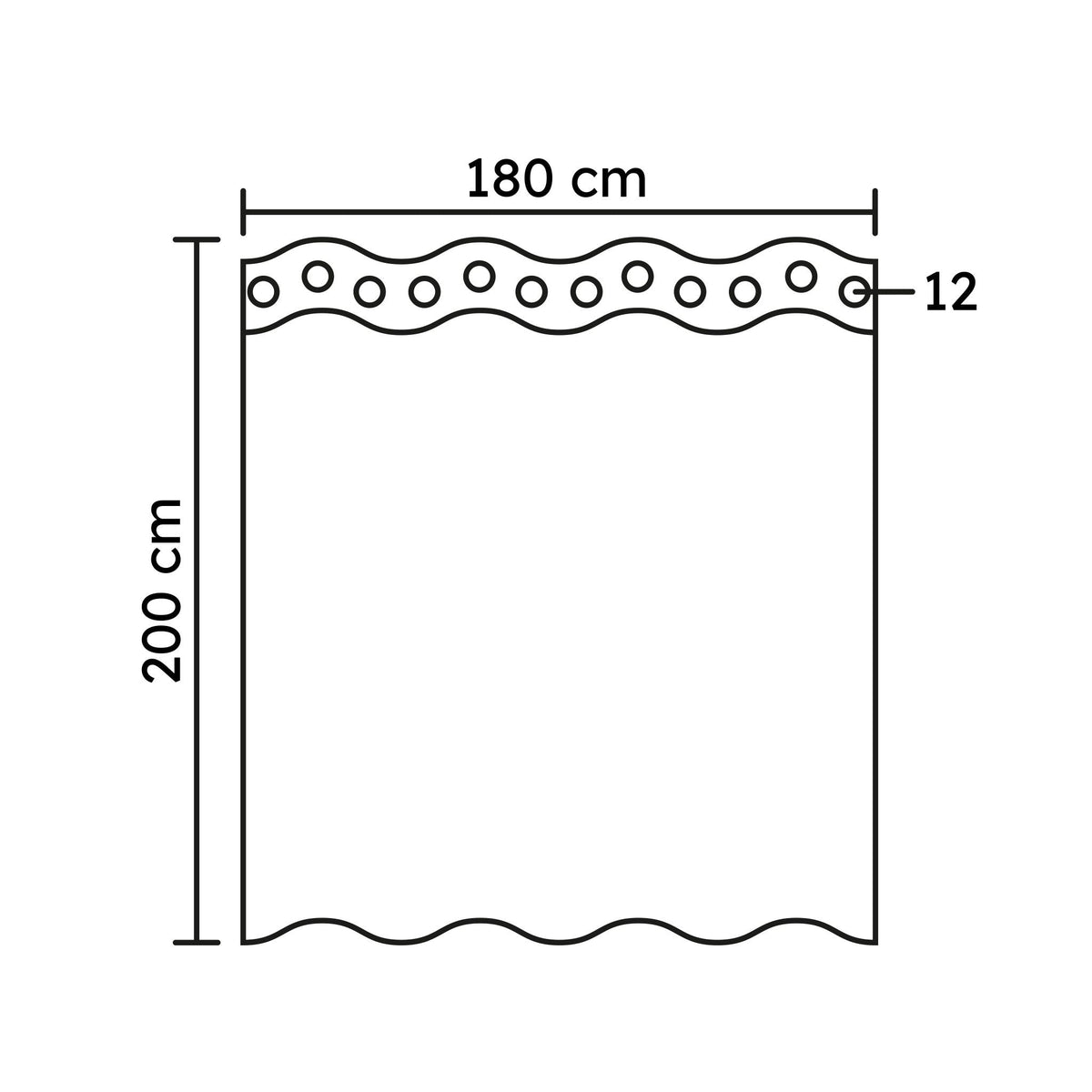 Duschvorhang, 180 x 200 cm, mit 12 Ösen, schematische einfache Zeichnung