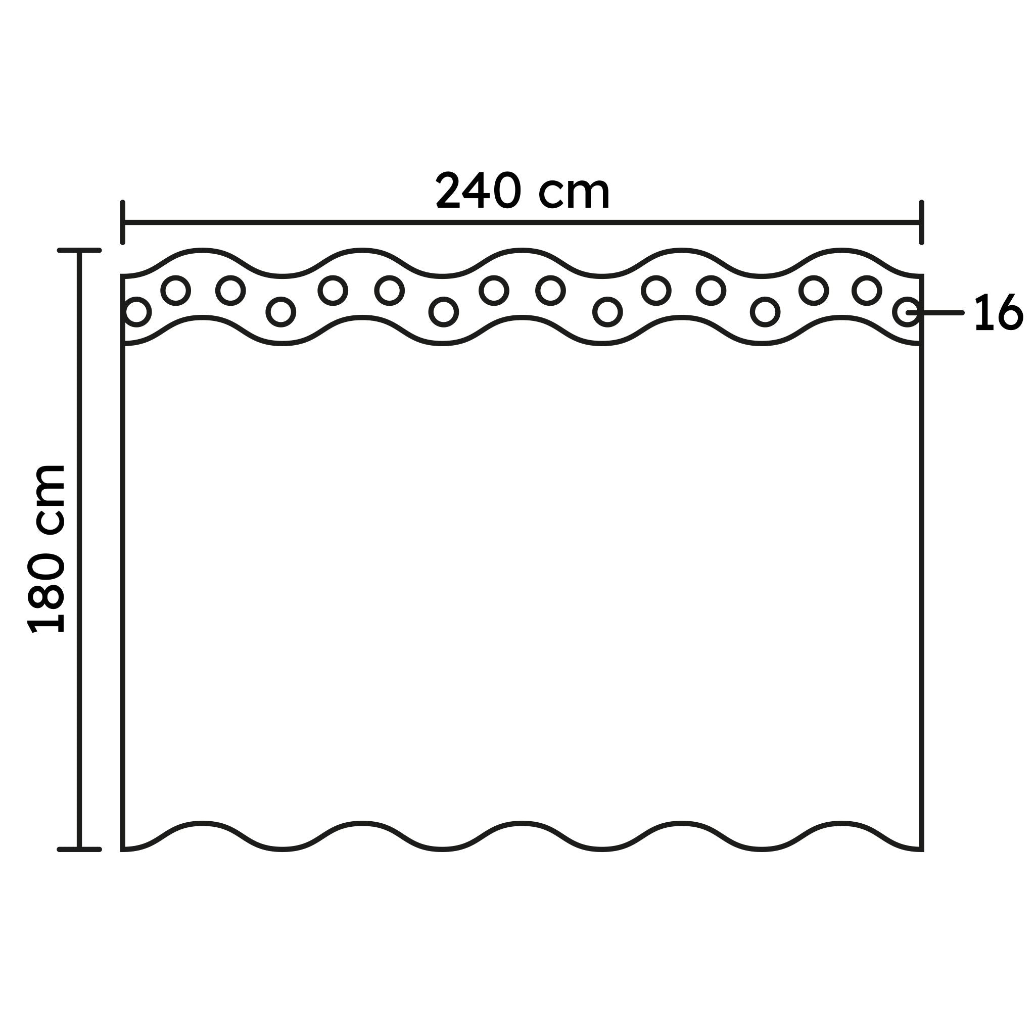 Duschvorhang-Skizze mit 240 x 180 cm und 16 Ösen am oberen Rand oben
