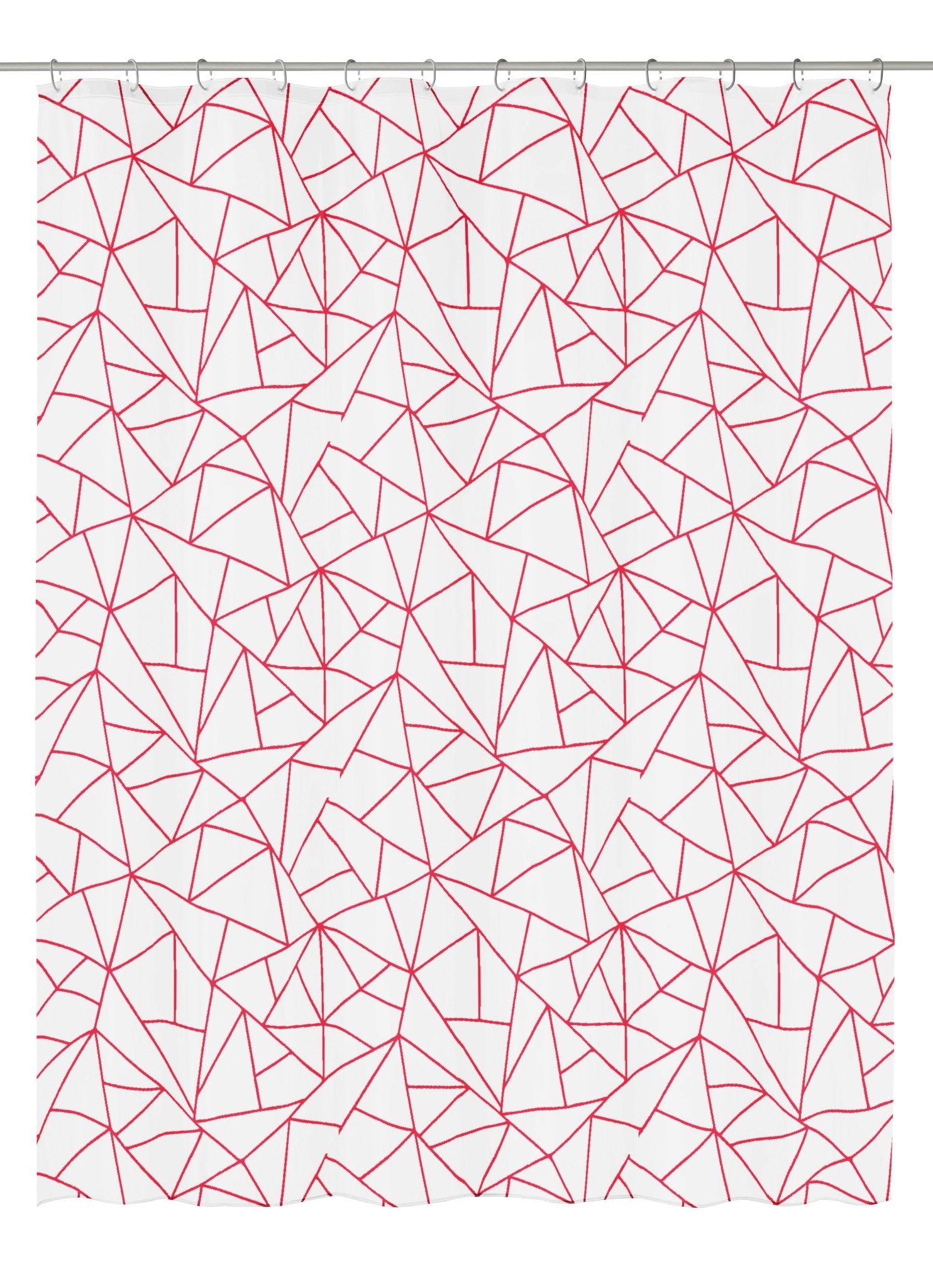 Duschvorhang PEVA BONDI Rubin 180x200 cm mit rotem geometrischem Linienmuster auf weißem Hintergrund.