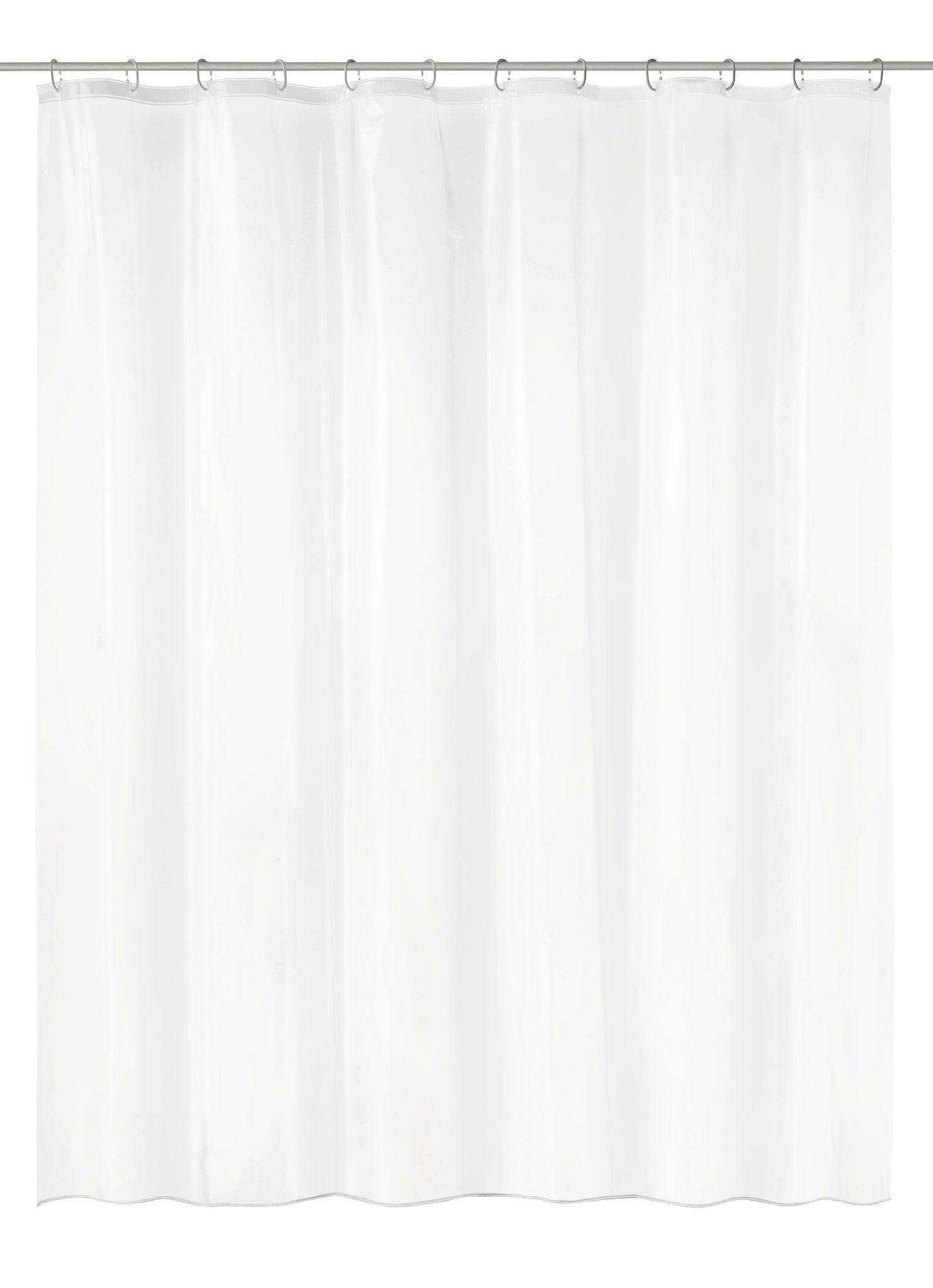 Transparenter Duschvorhang PEVA CLARO Clear 180 x 200 cm hängt glatt an Ringen vor der Dusche.