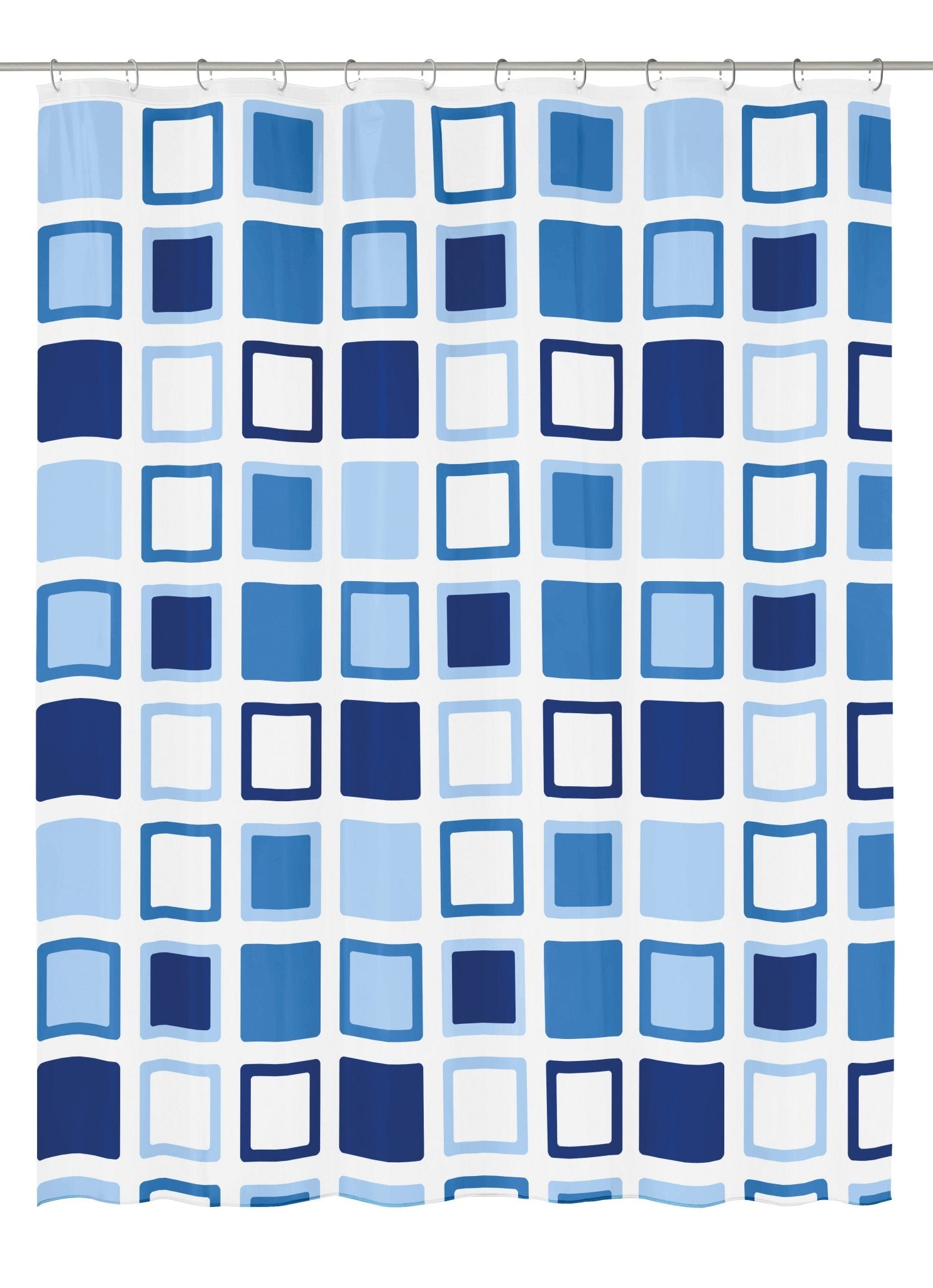 Duschvorhang mit blau-weißen Quadraten in hellen und dunklen Tönen