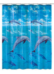 Blauer Duschvorhang mit springenden Delfinen auf blauem Ozeanmotiv