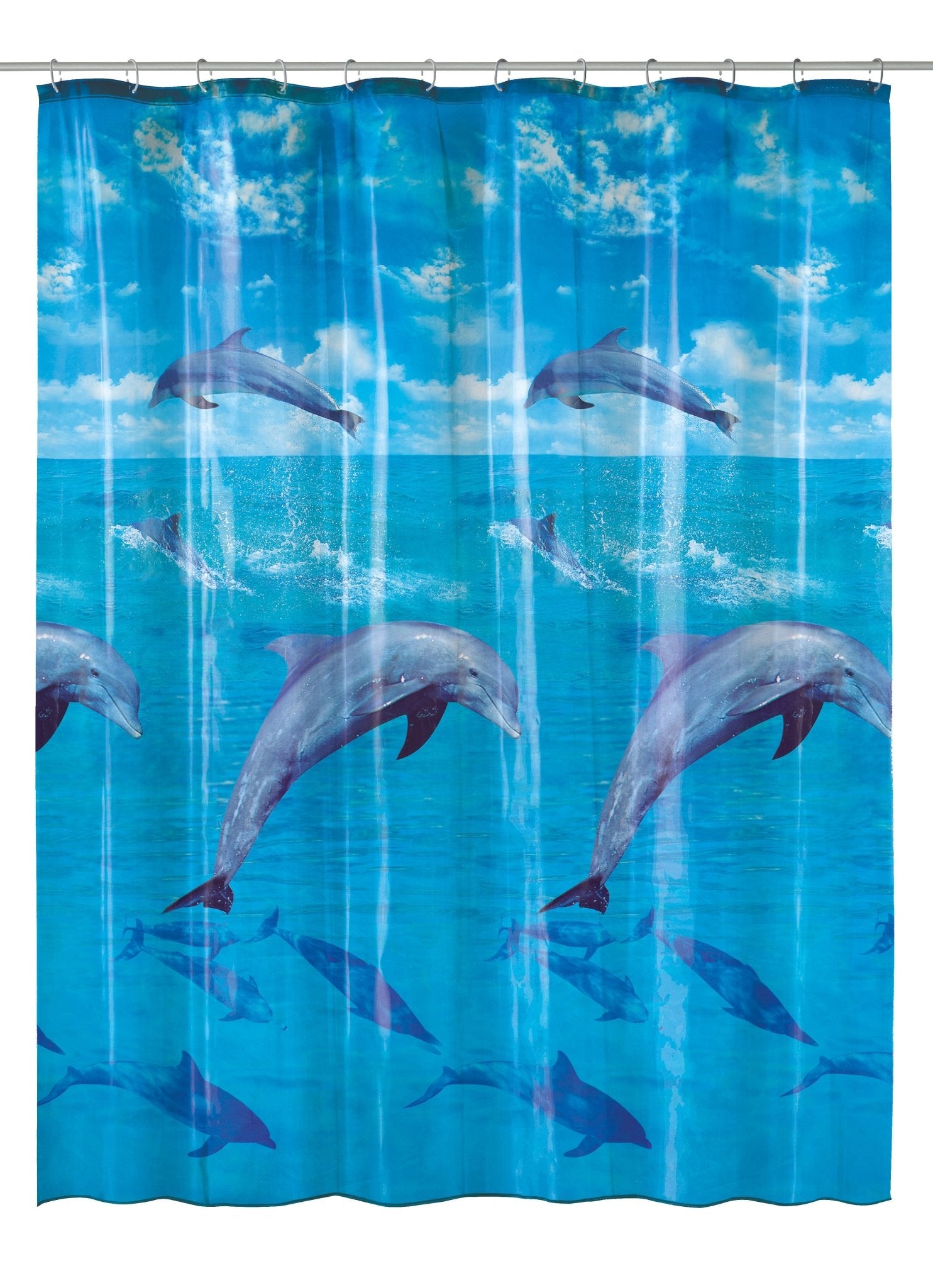 Duschvorhang PEVA DOLPHIN Multicolor zeigt springende Delfine auf blauem Meer.