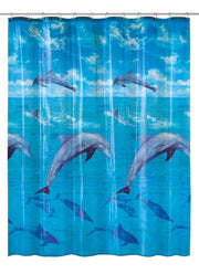 Duschvorhang PEVA DOLPHIN Multicolor zeigt springende Delfine auf blauem Meer.