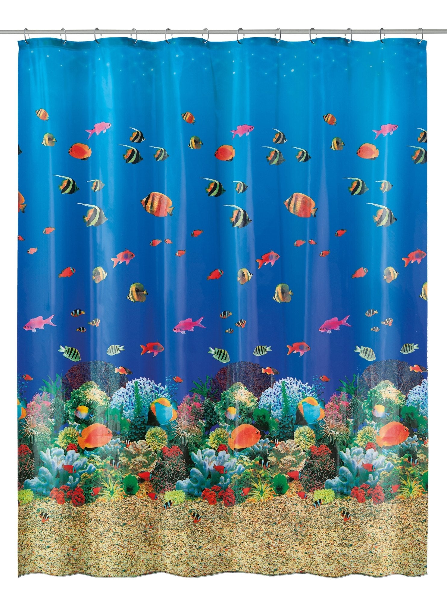 Duschvorhang mit bunten Fischen und Korallenriff im Unterwasserdesign