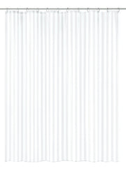 Der Duschvorhang PEVA NOA Weiß 180 x 200 cm hängt glatt mit dezentem Streifendesign an Ringen.