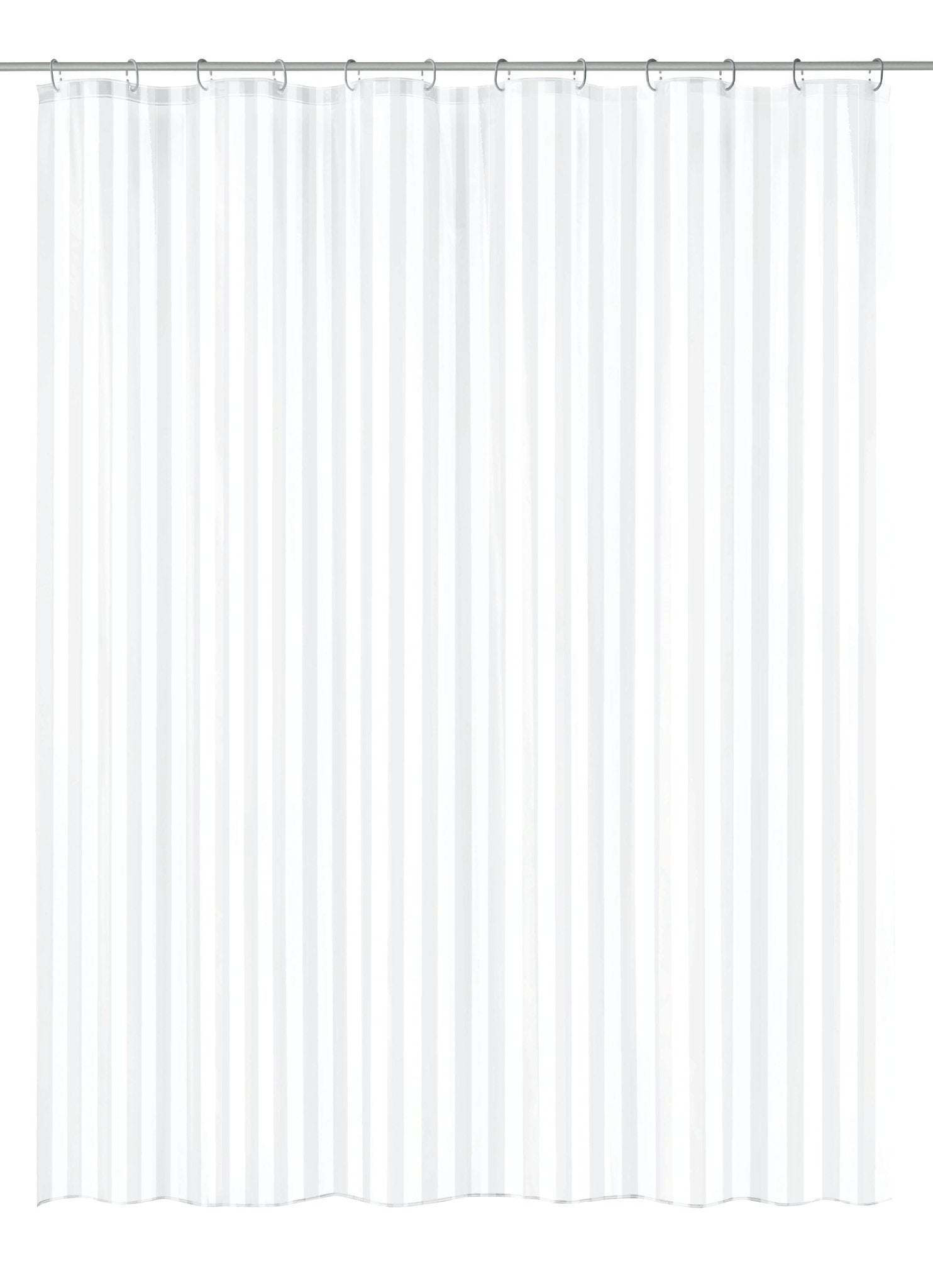 Der Duschvorhang PEVA NOA Weiß 180 x 200 cm hängt glatt mit dezentem Streifendesign an Ringen.
