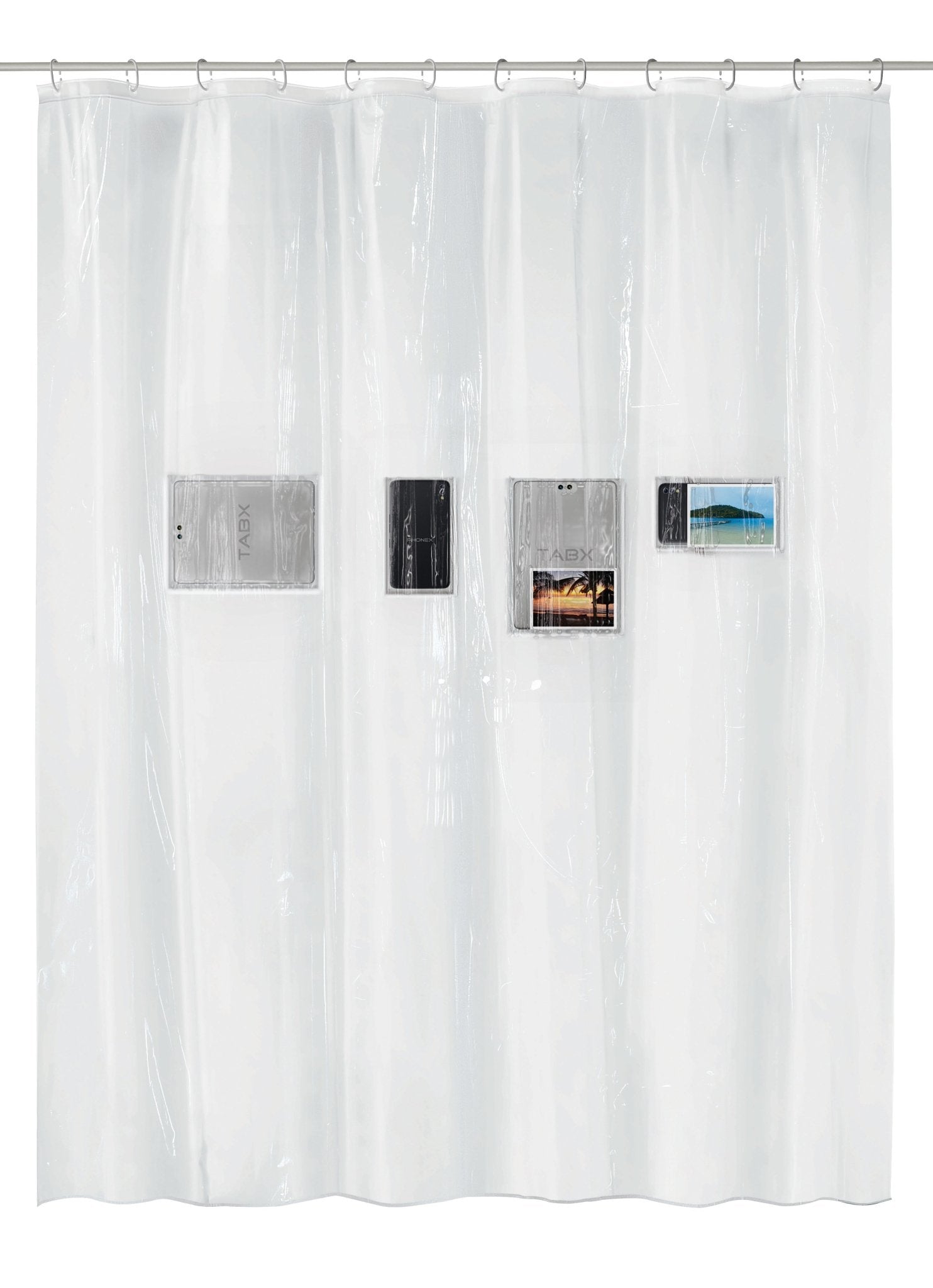 Transparenter Duschvorhang PEVA POCKET Clear 180 x 200 cm mit vier sichtbaren Einstecktaschen.