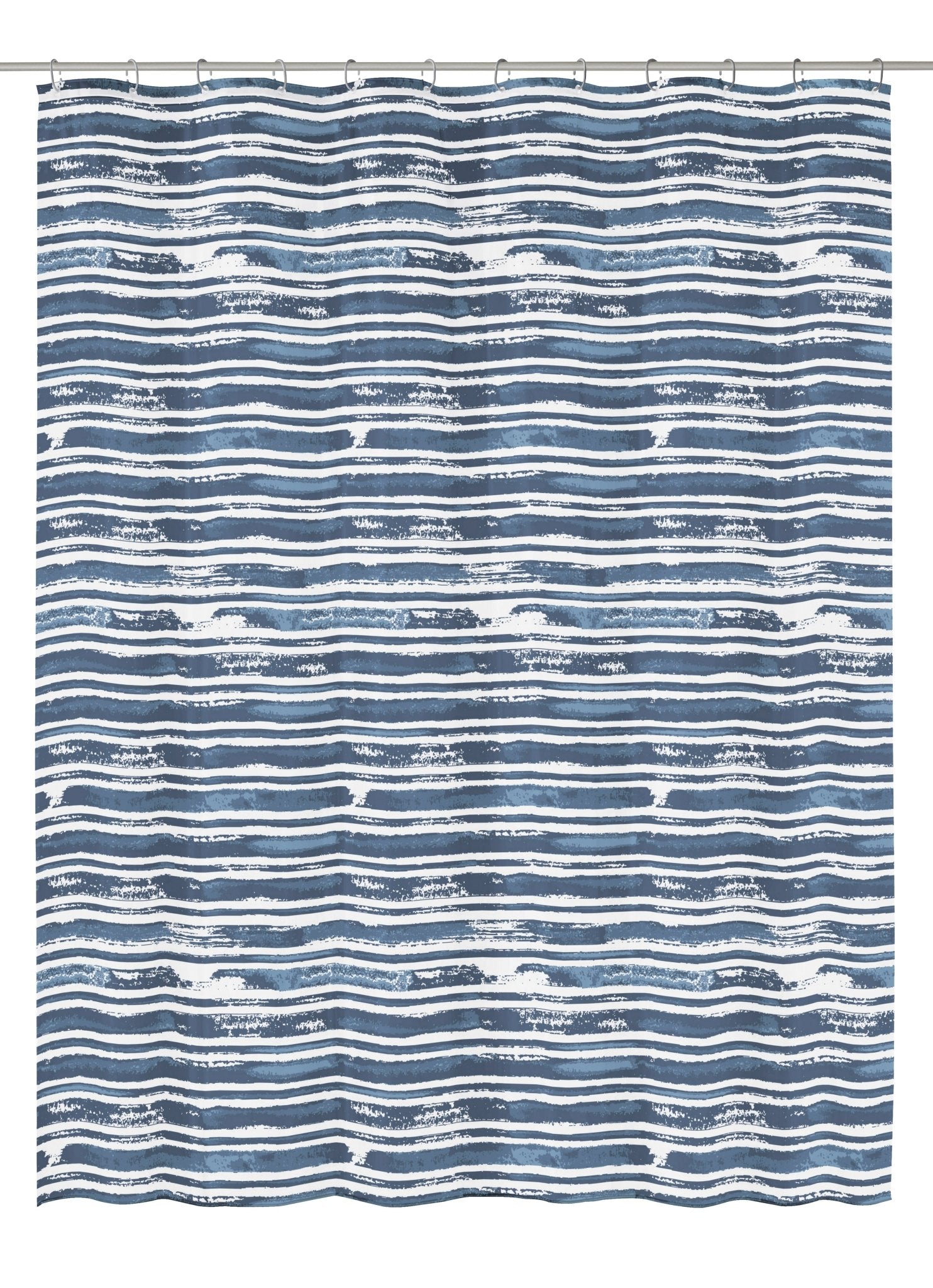 Duschvorhang PEVA RAIA Navy 180 x 200 cm mit blauen und weißen Streifen ist frontal vor weißem Hintergrund zu sehen.