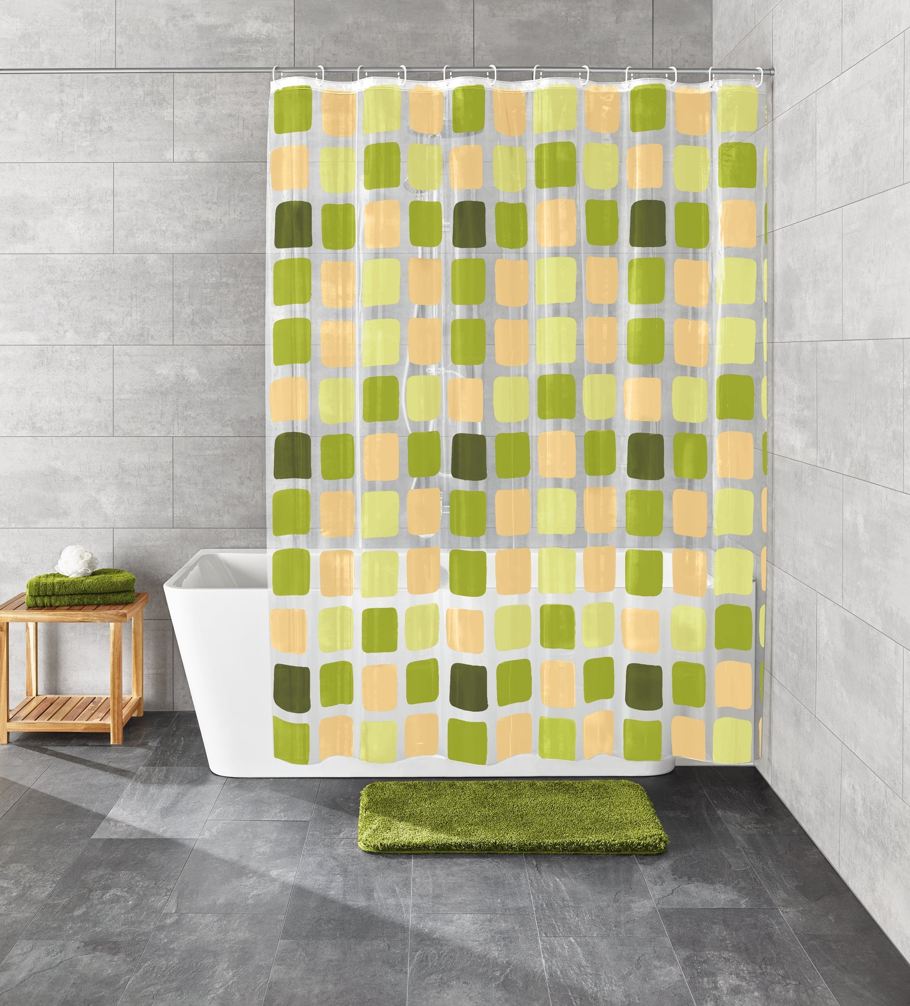 Duschvorhang PEVA SONNY Alge 180 x 200 cm hängt im modernen Bad vor einer weißen Badewanne.