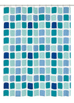 Duschvorhang mit quadratischem Muster in Blau- und Türkistönen gehalten