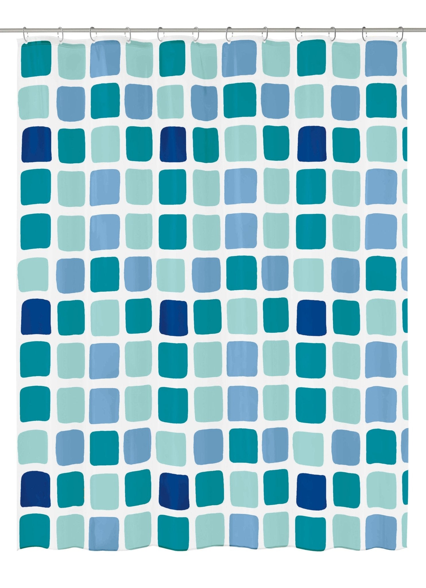 Duschvorhang mit quadratischem Muster in Blau- und Türkistönen gehalten