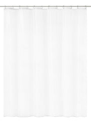 Weißer Duschvorhang aus Stoff mit Ösen, frontal hängend aufgenommen