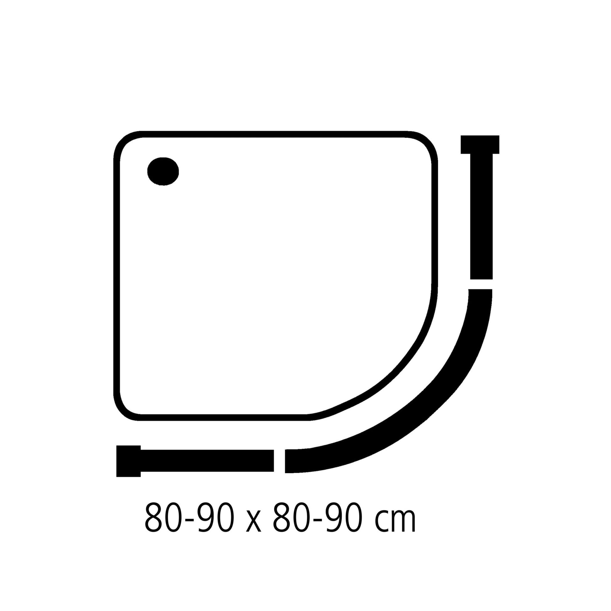 Grafik einer quadranten Duschwanne mit Radius 80-90 x 80-90 cm Maßangabe