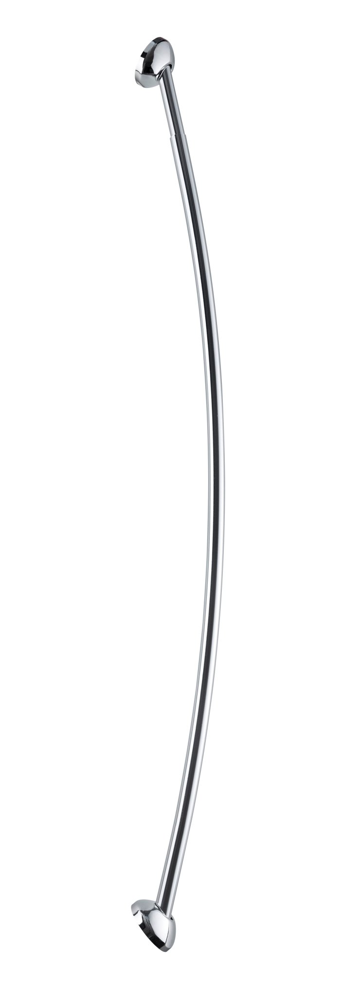 Gebogene Duschvorhangstange aus glänzendem Chrom vor weißem Hintergrund