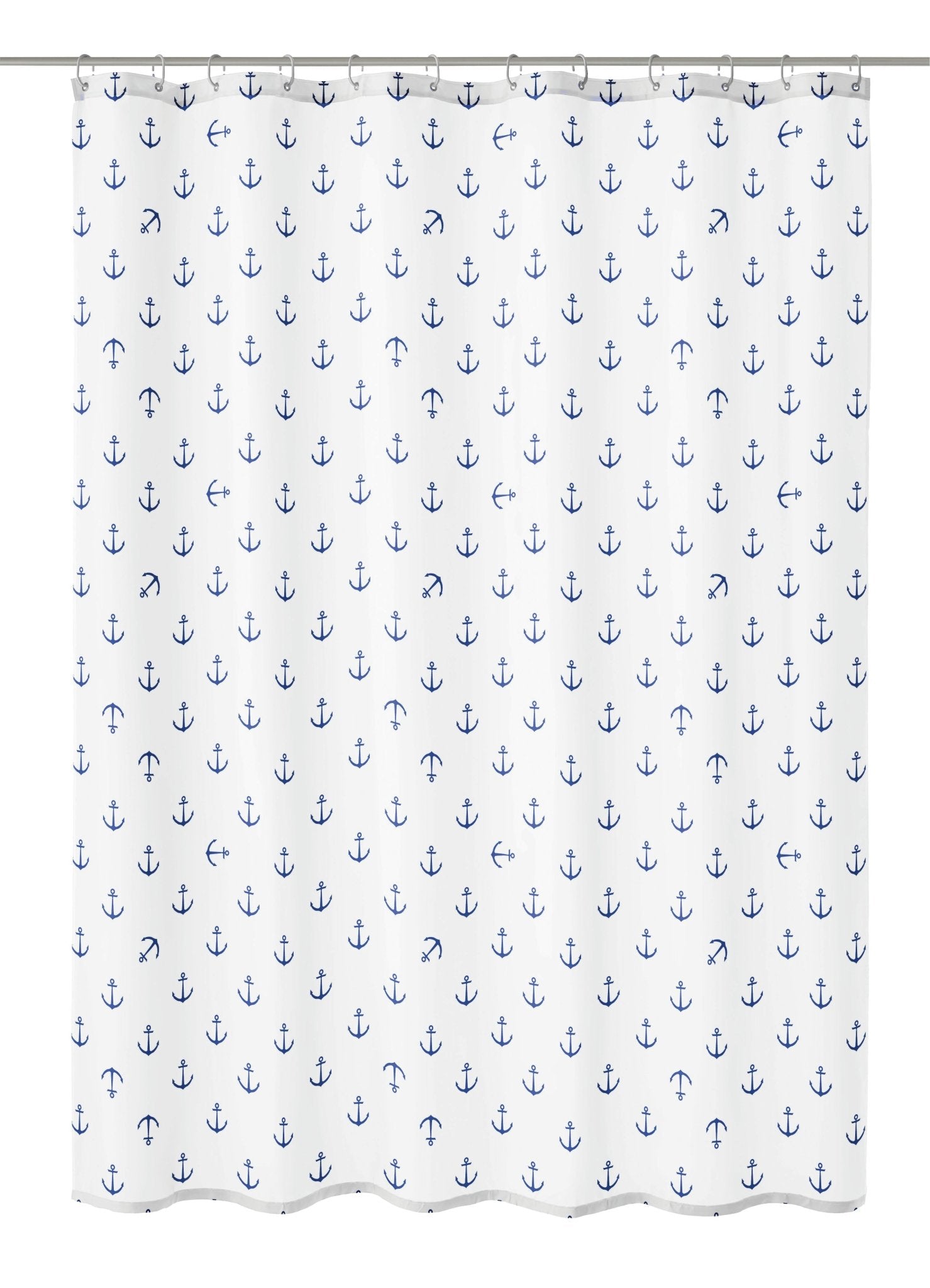 Weißer Duschvorhang mit regelmäßig verteilten kleinen blauen Ankern