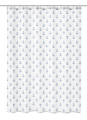 Weißer Duschvorhang mit vielen kleinen blauen Ankern auf Stoff bedruckt