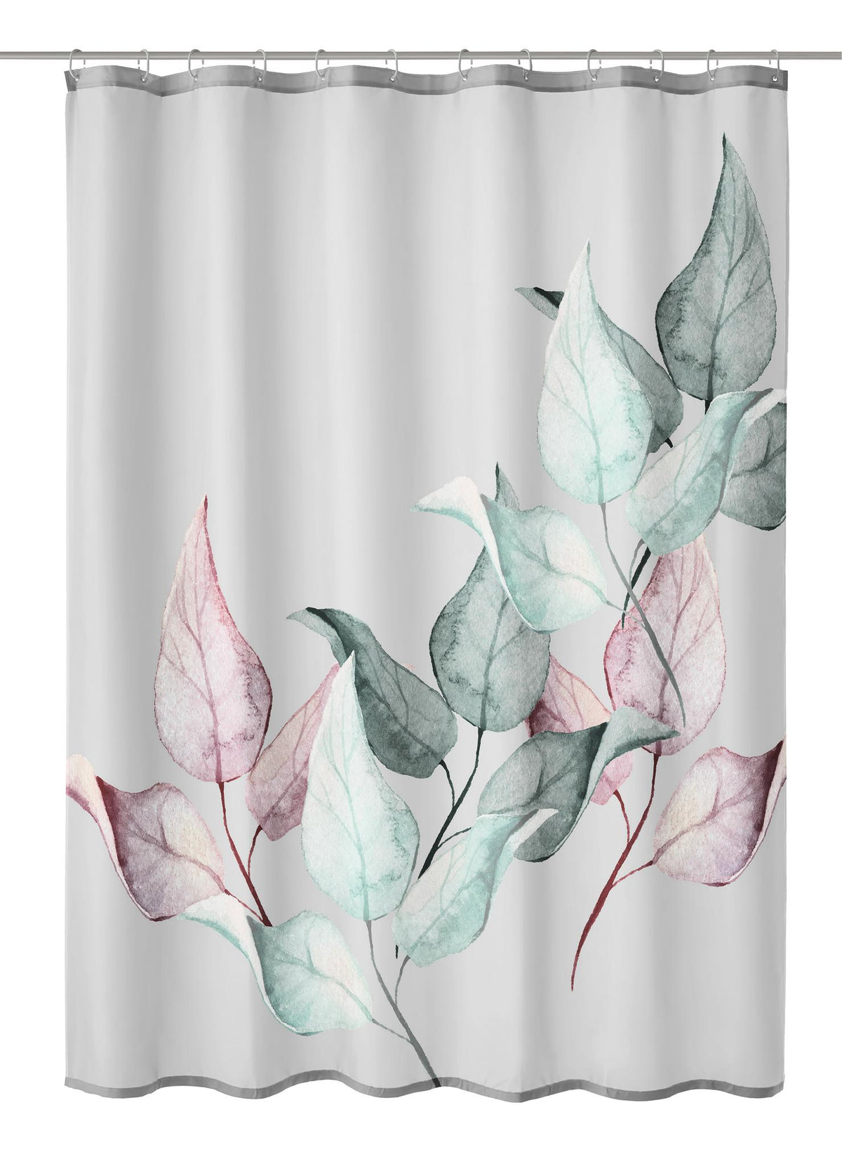 Grauer Duschvorhang mit zarten Blättern in Rosa, Mint und Dunkelgrün.