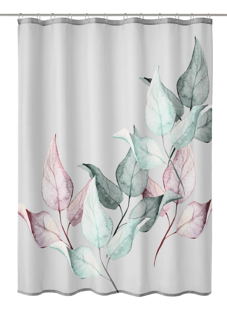 Grauer Duschvorhang mit zarten Blättern in Rosa, Mint und Dunkelgrün.