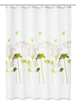 Weißer Duschvorhang mit grünen und beigen Blumenmotiven und Schmetterlingen