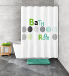 Weißer Duschvorhang mit bunten Kreisen und großem Schriftzug Bathroom
