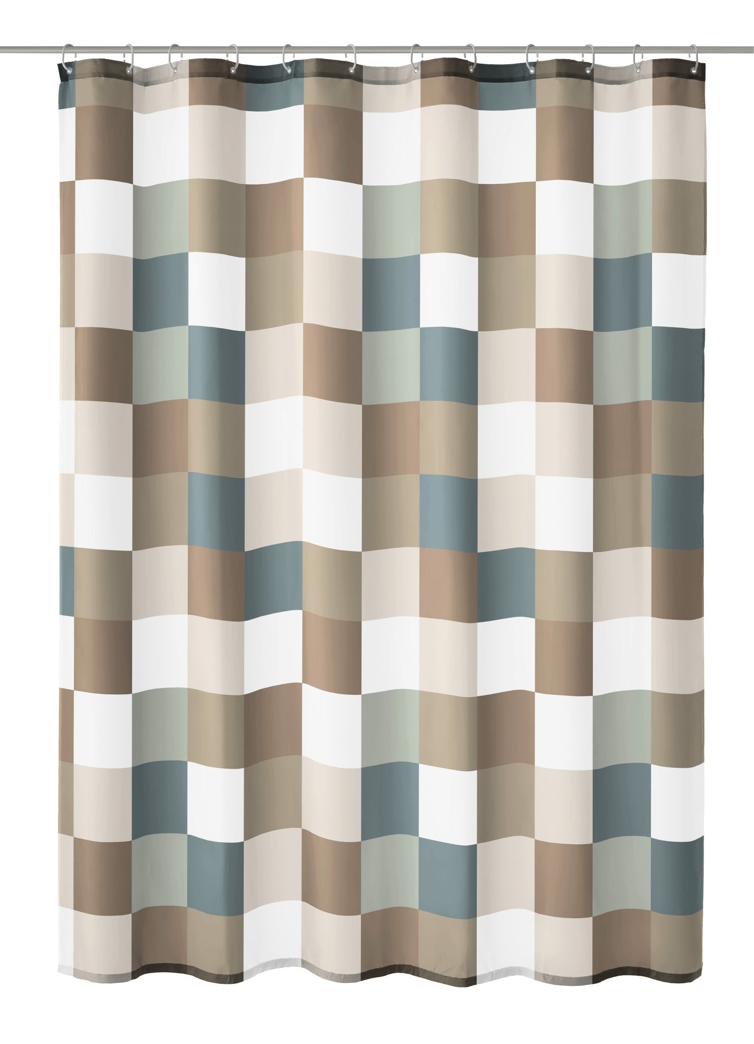 Textiler Duschvorhang CHECK in Taupe 180 x 200 cm mit kariertem Muster in Beige, Weiß und Blau.